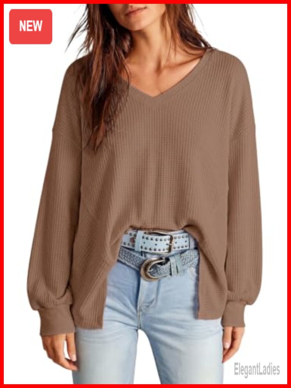 Waffle Knit Oversized T-Shirt V-Neck Long Sleeve Blouse Casual Top